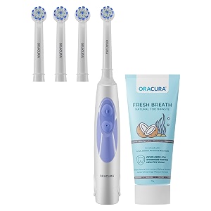 oracura ob100 oscillating electric toothbrush for men amp women  white comes with 3 extra brush heads  coconut brightening natural toothpaste amp waterproof