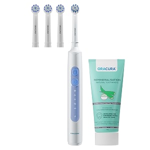 oracura ob200 oscillating electric toothbrush for men amp women  white includes 3 brush heads  aloe vera brightening natural toothpaste rechargeable amp waterproof