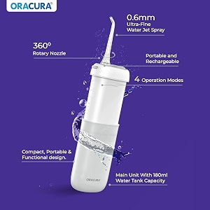 oracura oc180 compact plus water flosser for teeth grey  365 days warranty  water flosser with 2 tips standard  tongue cleaner  portable electric flosser  4 modes 8 pressure settings