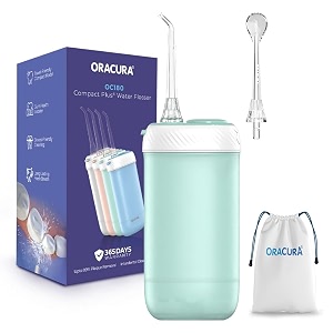 oracura oc180 compact plus water flosser for teeth green  365 days warranty  water flosser with 2 tips standard  tongue cleaner  portable electric flosser  4 modes 8 pressure settings