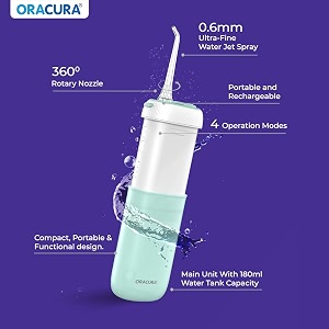 oracura oc180 compact plus water flosser for teeth green  365 days warranty  water flosser with 8 tips  portable electric flosser