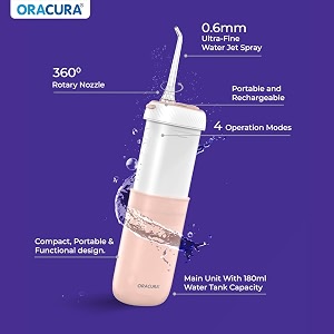 oracura oc180 compact plus water flosser for teeth peach  365 days warranty  water flosser with 8 tips  portable electric flosser