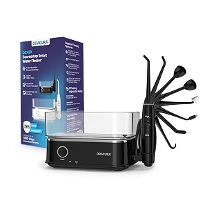 oracura oc450 dental pro countertop smart water flosser  365 days warranty  2 modes adjustable water pressure settings  450ml water tank  rechargeable  30-day battery life  8 nozzle tips