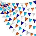 Orange Blue Silver Party Decorations Metallic Fabric Triangle Pennant Banner Flag Bunting Garland for Space Theme Birthday Wedding Bridal Shower Baby Shower Engagement Graduation Party Supplies