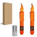 Orange Flameless Short Taper Candles, Real Wax Hand Dipped LED Battery Operated with Remote, Flickering Flame Lights for Festival Party Home Décor, 6.7 Inch Primitive Flameless Candles, 2PCS