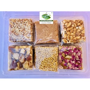 organic bites assorted premium 6 in 1 chikki box - dry fruit chikki rose petal cashewnut kaju chikkisesame seed til chikki peanut amp jaggery chikki peanut amp sesame seed til chikki and coconut chiki chikki combo pack of 6 in 1 -500 gm