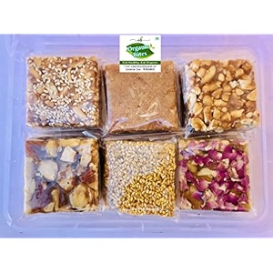 organic bites assorted premium 6 in 1 chikki box - dry fruit chikki rose petal cashewnut kaju chikkisesame seed til chikki peanut amp jaggery chikki peanut amp sesame seed til chikki and coconut chiki chikki combo pack of 6 in 1 -1 kg 500 gm x 2 box