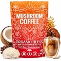 Organic Bless Mushroom Coffee Instant Powder – Organic Lion's Mane, Reishi &amp; Cordyceps with Coconut Milk &amp; MCT Oil – Smooth Energy, Focus &amp; Clarity, Low Caffeine, No Jitters – 30 Servings