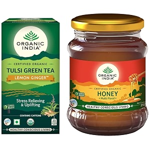 organic india wild forest honey multi floral 250g amp organic india tulsi green - 25 x 18g tea bags lemon ginger