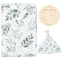 Organic Swaddle and Hat Set - Boho Baby Receiving Blanket Neutral - Soft Cotton and Bamboo Muslin, Eucalyptus Leaves, Birth Announcement Card, 47" x 47"