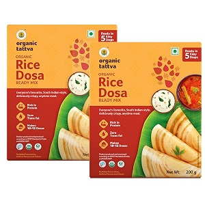 organic tattva - organic rice dosa ready mix  rich in protein no cholesterol and no trans-fat  with benefits of rock salt and fenugreek seeds  ready in 5 easy steps  400 gram