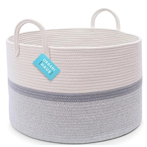 organihaus gray extra large basket for storage  blanket storage for living room  cute woven basket  baby laundry basket amp baby hamper  boho cotton rope basket  toy basket amp blanket basket - 20x13