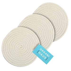 organihaus cotton rope pot holder set of 3  hot pads for kitchen  trivets for hot dishes table and counter  heat resistant mat - full white