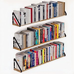organizemee wooden decorative corner floating shelves with metal brackets 46 inch length x 6 inch width- black bracket