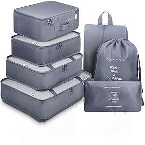 organizer 7 in 1 travel laundry cosmetics luggage packing organizers set makeup bags organizer packing cubes with shoe bag for travel nylon gray