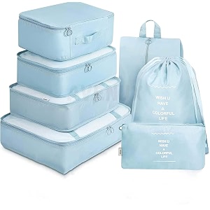 organizer 7 in 1 travel laundry cosmetics luggage packing organizers set makeup bags organizer packing cubes with shoe bag for travel nylon sky blue