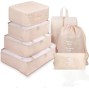 organizer 7 in 1 travel laundry cosmetics luggage packing organizers set makeup bags organizer packing cubes with shoe bag for travel nylon beige