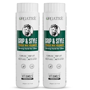 orgatre grip amp style hair volumizing powder  strong hold up to 12 hrs  matte finish hair wax powder for men  safe hair fiber powder wax  hair styling powder for men  20 gm pack of 2