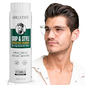 orgatre grip amp style hair volumizing powder  strong hold up to 12 hrs  matte finish hair wax powder for men  safe hair fiber powder wax  hair styling powder for men  20 gm pack of 1
