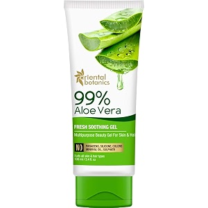 oriental botanics 99 aloe vera gel 100 g  infused with aloe vera  hydrates amp nourishes hair amp skin  no parabens amp sulphates  cruelty free amp vegan