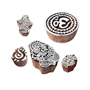 oriental shapes religious and ganesha wood blocks for printing set of 5