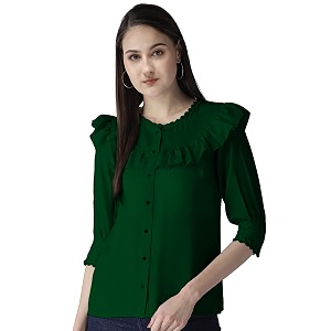 Girls Women Cuffed Sleeves Solid Shirt Style