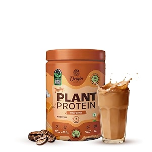 origin nutrition 100 plant based protein powder  25g per serve clean protein  pea amp pumpkin seed isolate  easy to digest  no added sugar  filter coffee flavour  7 servings 284g