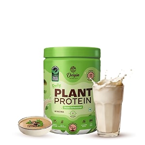 origin nutrition plant protein  unflavoured 25g pea amp pumpkin seed blend  no flavour no sweeteners heat stable  all essential amino acids  gut-friendly no bloat  lab-tested 8 servings 260g jar