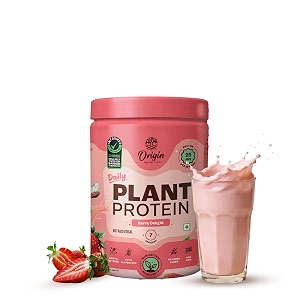 origin nutrition plant protein  strawberry delight  tastes like real strawberry  25g pea amp pumpkin seed blend  all essential amino acids  gut-friendly no bloat  clean vegan lab-tested  7 servings 278g jar