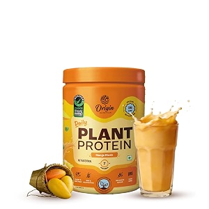 origin nutrition vegan plant protein powder mango mania flavour with 25g per serve plant-based protein gluten free soy free dairy free no added sugar soy free non - gmo 7 servings 288g