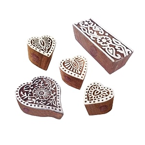 ornate pattern heart and flower wood block stamps set of 5