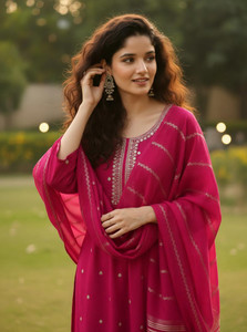 ORRIYA Embroidered Kurta Trouser Pant Dupatta