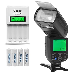 osaka camera ttl flash speedlite df860 mark iii for nikon and see fig 2 with ni-mh hr06 4xaa 3000mah battery set amp ultra fast charger osk-c903w lcd charger