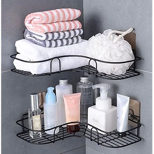 oslen  pack of 2 self-adhesive storage organizer for bathroom and kitchen corner wall mounted rack bathroom accessories storage rack no drilling-shelf adhesive black