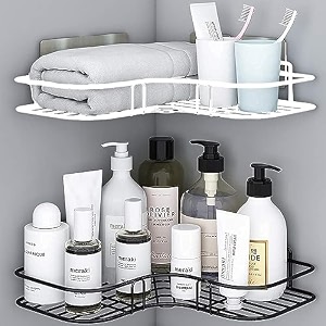 oslen  pack of 2 self-adhesive shelfstorage organizer for bathroom and kitchen corner wall mounted rack shelf bathroom accessories storage rack no drilling-shelf adhesive black and white