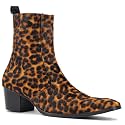 OSSTONE Men Chelsea Ankle Boots Leather Pony Hair Leopard Boot with Side Zipper Heel Boots JY012
