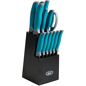 oster 8100714 lindbergh 14 piece stainless steel cutlery set black block teal handles