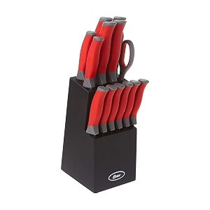 oster lindbergh 14 piece stainless steel cutlery black block set red handles pack of 1