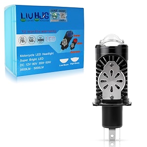oto2eye 1 year warranty ultra bright white h4 pin 50w led headlight bulb amp purple shade  high amp low beam  lens projector headlight bulb with cooling fan with red devil eye for motorcycle set of 1