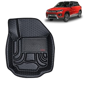 oto2eye car floor mat 45d compatible for maruti suzuki brezza 2020 to 2022 all model 100 waterproof tray shape set of 3 pieces top notch pvc 45d foot mats washable 1 year warranty