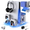 OUBANG Upgraded PS5 Accessories Cooling Stand Compatible with PlayStation 5 Console, with Dual Controller Charging Station, Headphone Stand, Cooling Fan, Media Slot, 10 Game Slots and AC Adapter