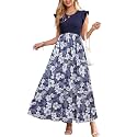 OUGES Women's Ruffle Sleeve Patchwork Maternity Maxi Dress with Pockets