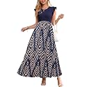 OUGES Women's Ruffle Sleeve Patchwork Maternity Maxi Dress with Pockets