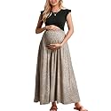 OUGES Women's Ruffle Sleeve Patchwork Maternity Maxi Dress with Pockets