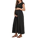 OUGES Women's Ruffle Sleeve Patchwork Maternity Maxi Dress with Pockets