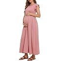 OUGES Women's Ruffle Sleeve Patchwork Maternity Maxi Dress with Pockets