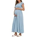 OUGES Women's Ruffle Sleeve Patchwork Maternity Maxi Dress with Pockets