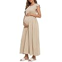 OUGES Women's Ruffle Sleeve Patchwork Maternity Maxi Dress with Pockets