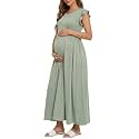 OUGES Women's Ruffle Sleeve Patchwork Maternity Maxi Dress with Pockets