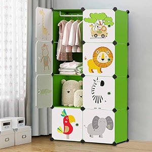 oumffy plastic baby wardrobe collapsible storage rack multipurpose shelve closest organizer for kids and living room bedroom 8-door animal green